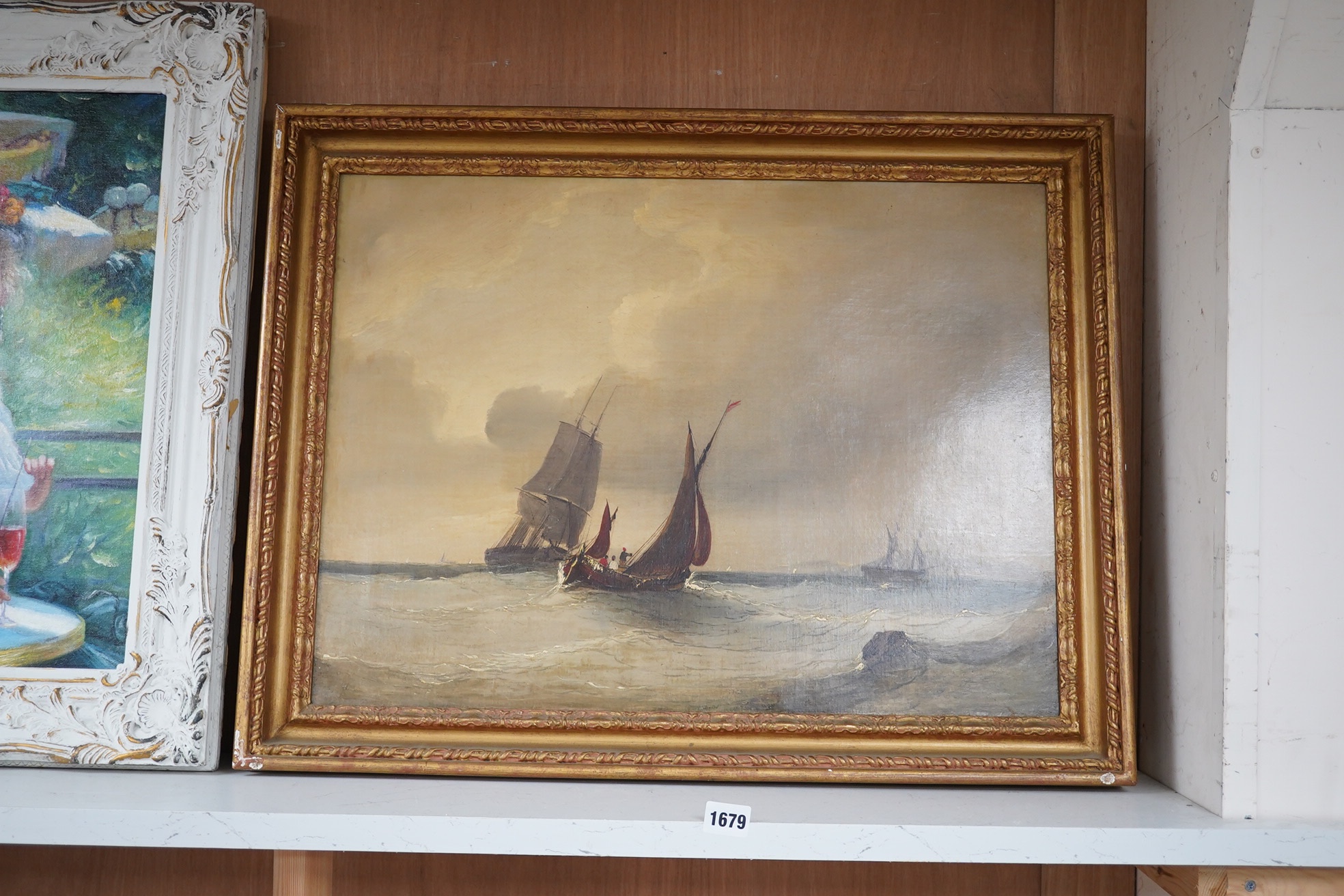 Late 18th /early 19th century, English School, oil on canvas, Shipping scene, unsigned, 44 x 59cm, gilt framed. Condition - fair to good